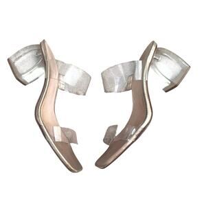 Schutz Clear PVC Double Strap Mule Heels Women Size 8 Metallic Gold Lucite Block